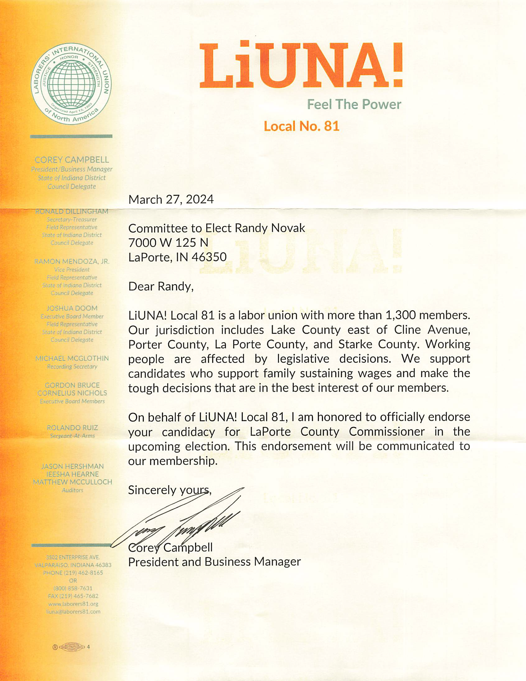 LIUNA endorsement letter